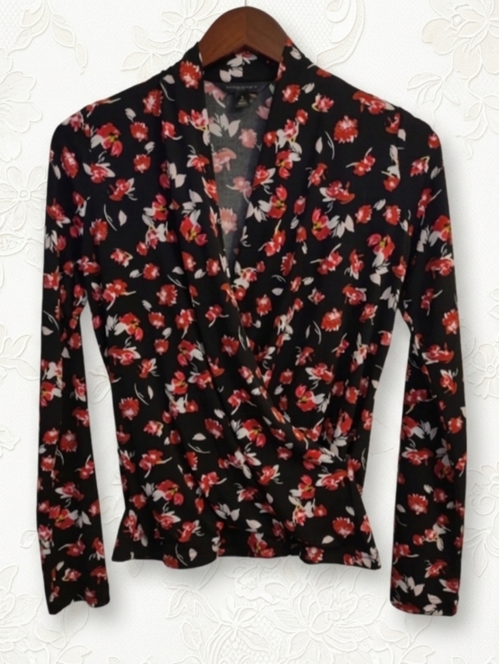 Banana Republic Black & Red Floral Print Wrap Blouse